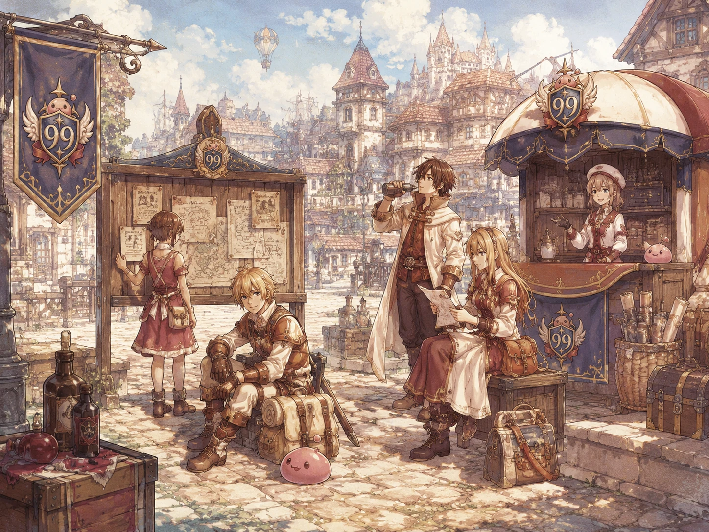Aventureiros reunidos em um movimentado centro de quests do Base 99